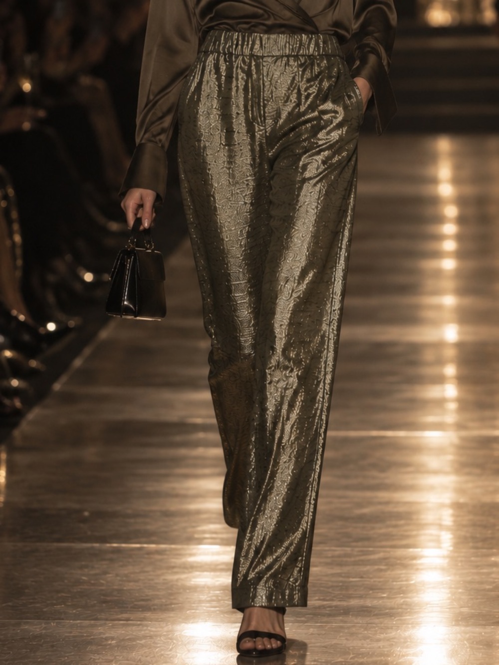 M Made in Italy Metallic Gold Wide Leg Pants Elastic Waist NWT Size: S